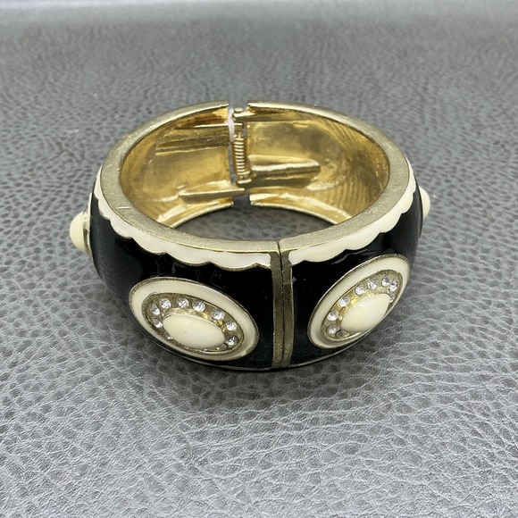 Black Enamel Bangle Bracelet Cream Rhinestone Accents - Picture 6 of 8